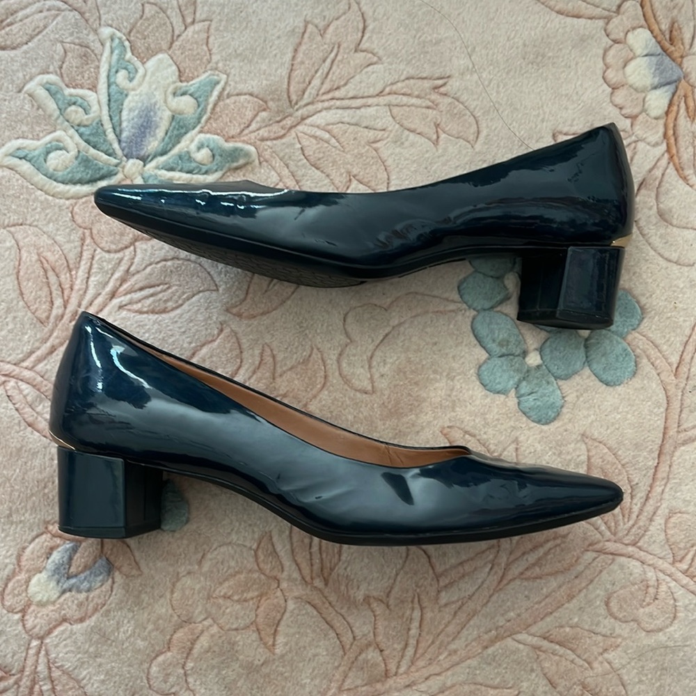 Calvin Klein Navy Blue Gold Accent Patent Leather Block Heels
